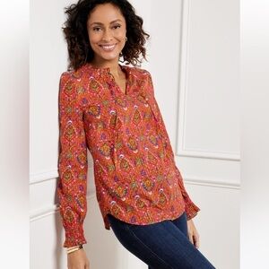 Talbots Ruffle Neck Floral Lattice Bright Berry Popover Blouse XSmall